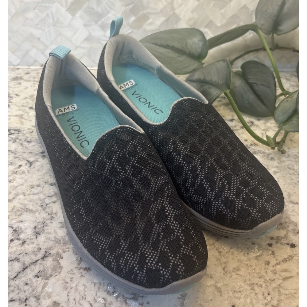 VIONIC AMS Women's Size 9 ‎ Black Print Mesh Slip On Sneakers Comfort Shoes